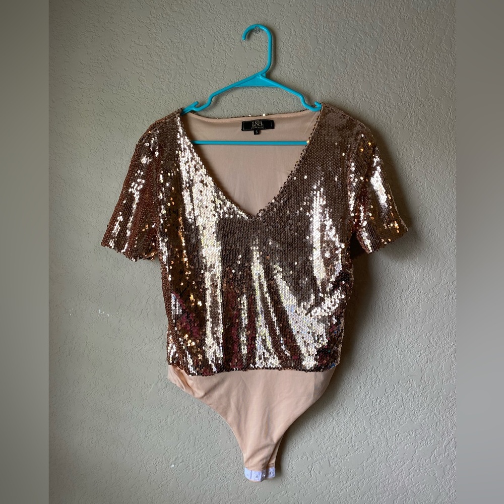 Sequin bodysuit. Rose gold Lucky and Blessed